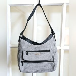 MultiSac Shoulder Handbag Vegan Suede Leather Purse Floral Embossed  Bag Grey